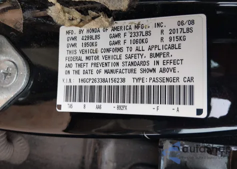 2008 Honda Accord 2.4 Lx из США, поврежденный, VIN 1HGCP26338A156238